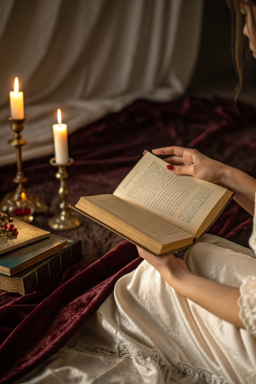 Woman's hand holding an open literary book in warm candlelight