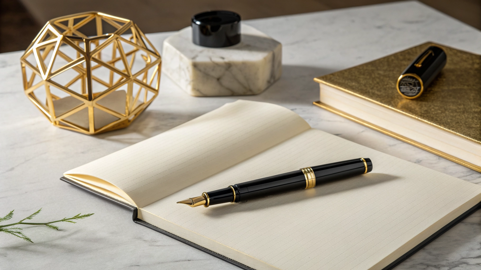 Modernist literary still life featuring ivory paper, black ink, and gold accents